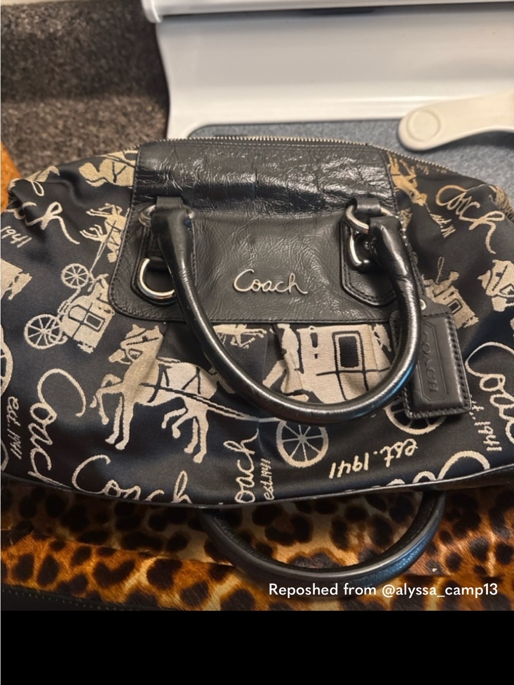 Coach Ashley Horse and Carriage Black and Cream Signature Satchel